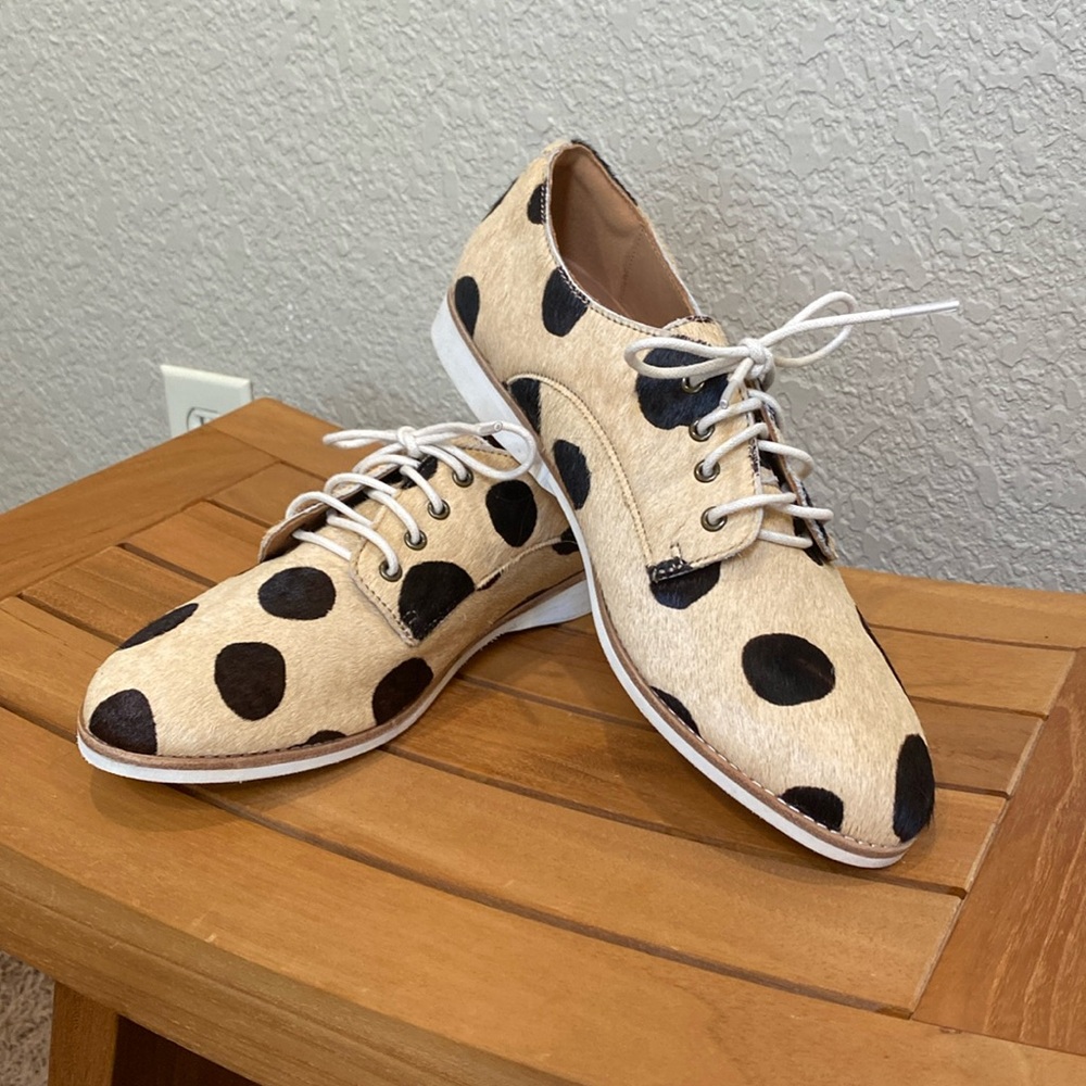 ROLLIE NWOT derby tan and brown calf hair polka dotted oxfords | sz 39